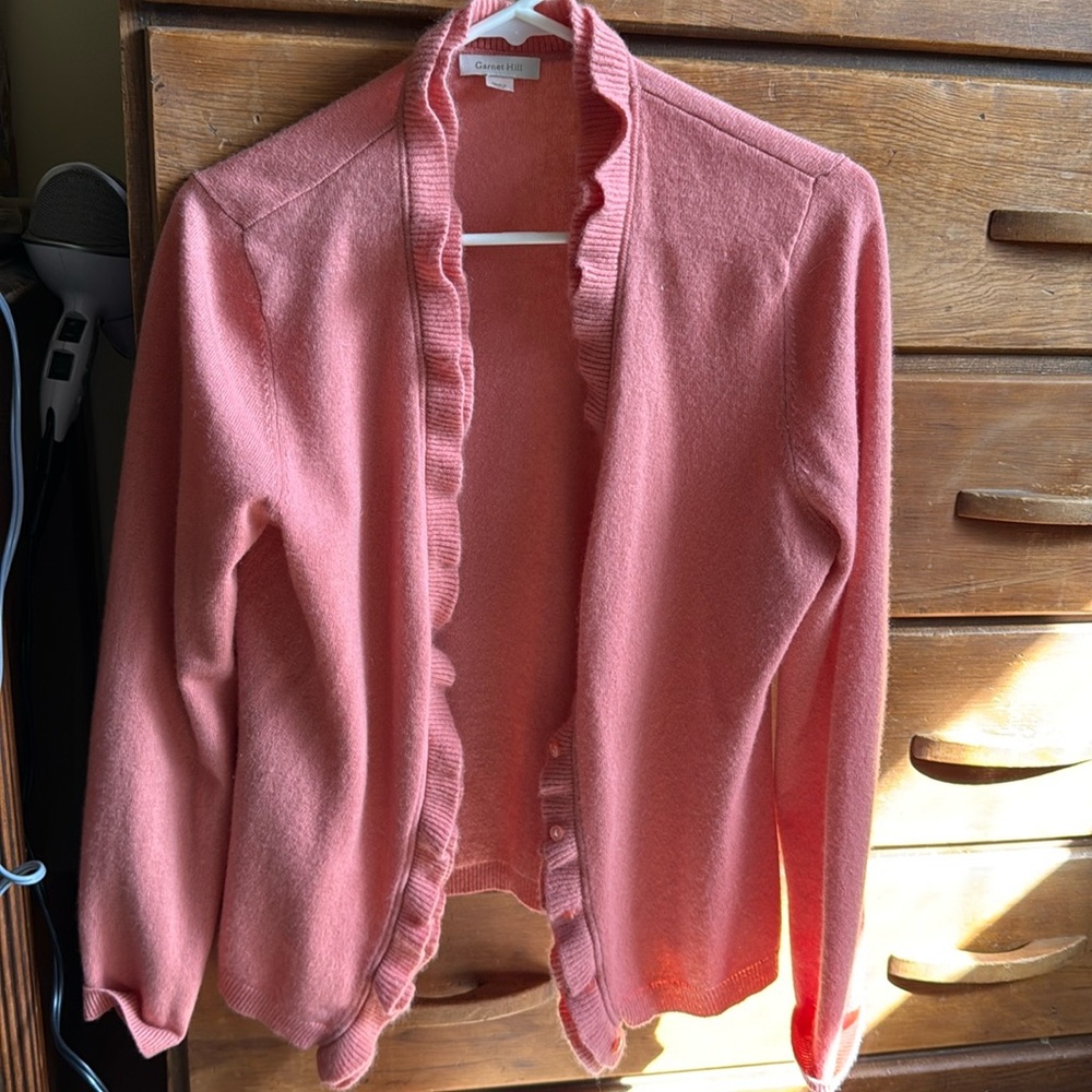 Garnet Hill Women's M Pink Ruffle Trim 100% Cashmere Button Front Cardigan